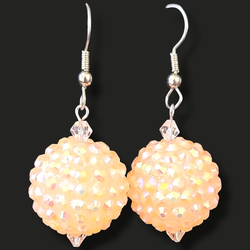 Peach Pink Aurora Borealis Rhinestone Disco Ball Dangle Earrings 2"